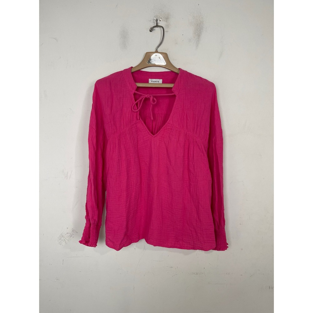 Evereve‎ Womens Hot Pink Cotton Double Gauze V-Neck Tie Blouse Top Large L
